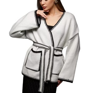 Womens Oversize Cardigan Long SLeeve Open Front Soft Knit Fall Cardigan Sweater Side Pockets With Belt White M - 1 of 3