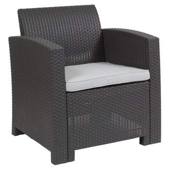Merrick Lane Outdoor Furniture Resin Chair Faux Rattan Wicker Pattern Patio Chair With All-Weather Cushion