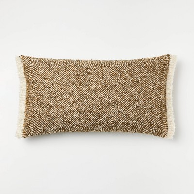 Image of Oversized Herringbone with Frayed Edges Lumbar Throw Pillow Brown/Cream - Threshold™ designed with Studio McGee