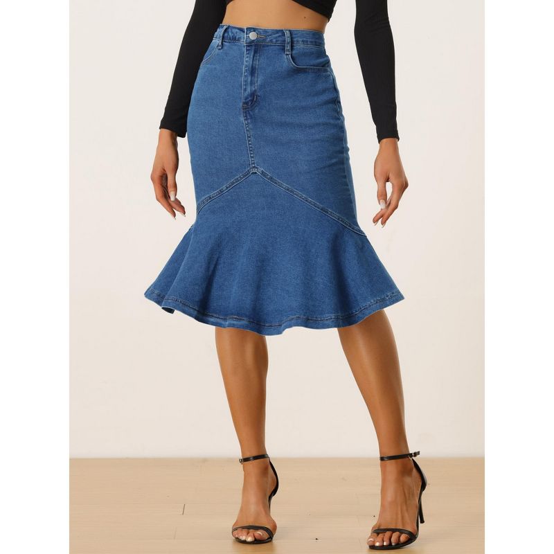 Allegra K Women's High Waist Bodycon Ruffles Side Pockets Fishtail Midi Jean Skirt, 4 of 6