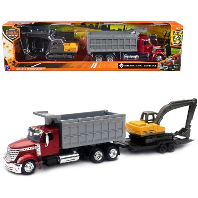 International Lonestar Dump Truck Red and Tracked Excavator Yellow  w/Flatbed Trailer 1/43 Diecast Model by New Ray