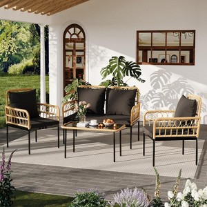 4 Piece Outdoor Wicker Patio Living Room Set - Rattan Balcony Furniture for Porch or Deck, 2 Armchairs with Cushions and Pillows - 1 of 4
