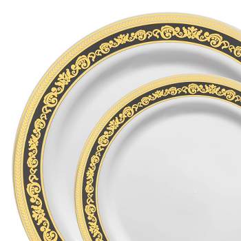 Smarty Had A Party White with Black and Gold Royal Rim Plastic Dinnerware Value Set (120 Dinner Plates + 120 Salad Plates)