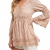 Women's Lace Trimmed Bell Sleeve V-neck Blouse - BluIvy - 2 of 4