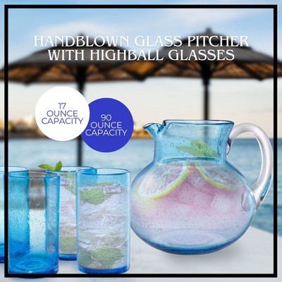 Turquoise Hand-Blown Glass Pitcher and Highball Glass Set