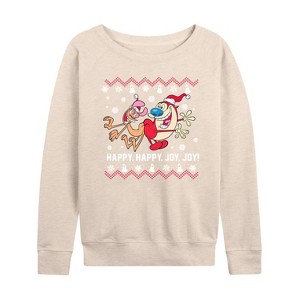Women's - Ren & Stimpy - Happy Happy Joy Joy Lightweight French Terry Wide Neck Long Sleeve Shirt - 1 of 4