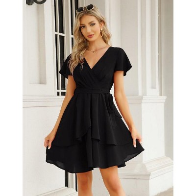 Womens Skater Dresses Sexy V Neck Short Sleeve Tie Waist Solid Ruffle Boho Flowy Swing Mini Dress