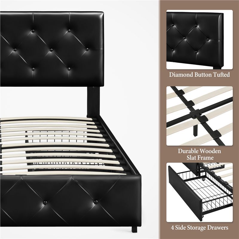 Yaheetech Upholstered Faux Leather Bed Frame with Adjustable Headboard, 4 of 9
