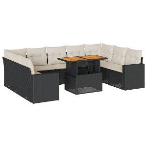 vidaXL Patio Sofa Set with Cushions Table and Sofa Modules 10 Piece Poly Rattan - Black and Cream 4x Corner + Table + 5x Middle - 1 of 4
