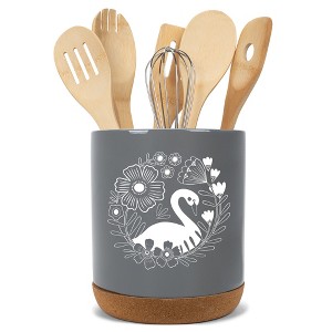 Elanze Designs 8 inch Floral Swan Large Ceramic Kitchen Utensil Holder Gray and White Crock with Cork Base - 1 of 4