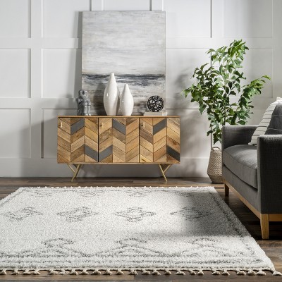 Braided White Shag Rectangular Easy Care Synthetic Rug