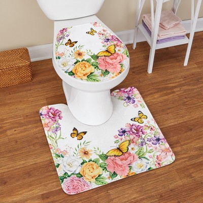 Floral Butterfly White Polyester Commode Rug Set