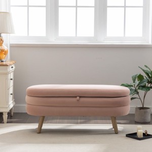 Velvet Cushioned Bench With Storage Upholstered Bench Oval Bed Bench With Storage Bedside Bench With Wood Legs-Cuddlewood - 1 of 4