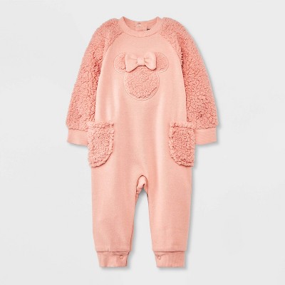 Image of Baby Girls' Minnie Mouse Faux Shearling Romper - Pink Newborn