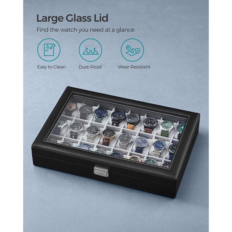 SONGMICS Watch Box 24-Slot Watch Case Lockable Storage Box with Glass Lid  Black Synthetic Leather Gray Lining, 5 of 7