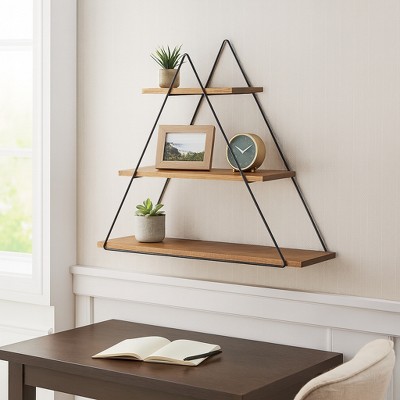 Multi-Tier Floating Shelves for Home, Office, Bedroom, Living Room - Triangle Design - Metal & Wood - Modern Rustic Wall Decor & Organizer