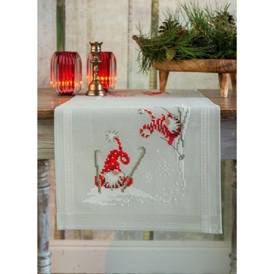 Vervaco Stamped Table Runner Cross Stitch Kit 16"X40"-Christmas Gnomes Skiing