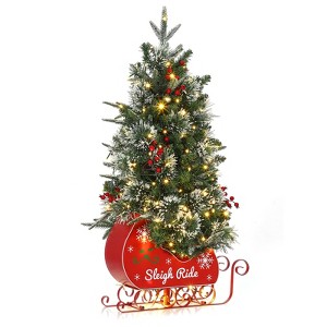3FT Pre Lit Fiber Optic Christmas Tree with Sleigh Ride Base, 78 Warm White Lights & 8 Modes, USB Powered Prelit Xmas Tree - 1 of 4