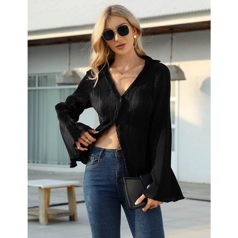 Women Deep V Neck Blouse Long Flared Sleeve Tops Button Front Dressy Casual Shirts Top, 4 of 6