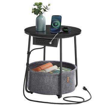 VASAGLE Side Table with Charging Station, Round End Table With Fabric Basket, Nightstand with Power Outlets USB Ports