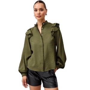 ellos Plus Size Ruffle Shoulder Blouse With Flat Pom Pom Trim - 1 of 4