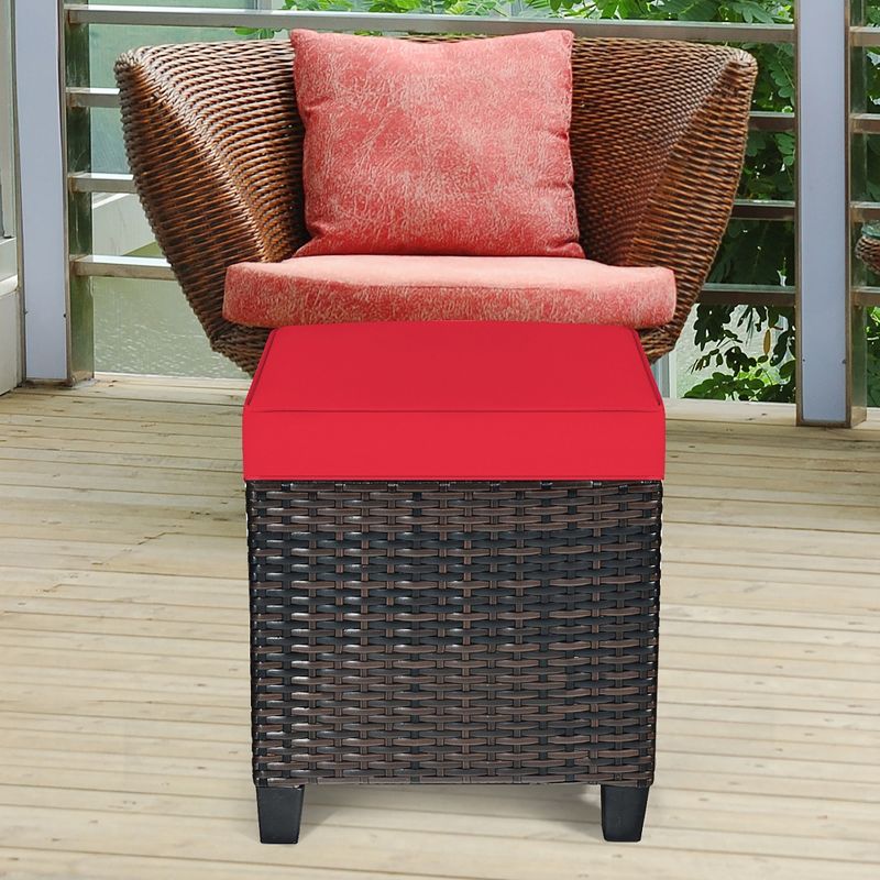 Costway 2PCS Patio Rattan Ottoman Cushioned Seat Foot Rest Coffee Table Red, 3 of 11