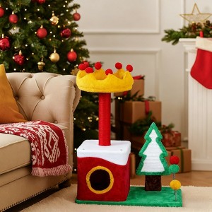 Angel Sar 29.5in Christmas Plush Cat Tree, Multi-Level Cat Tower with Condo, Crown Perch, Sisal Scratching Posts, Activity Center for Indoor Cats - 1 of 4