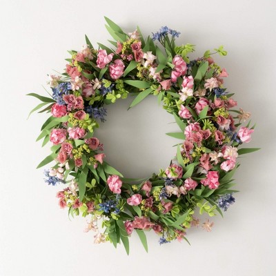 Sullivans Artificial Mixed Spring Florals Wreath 22"H; Pink
