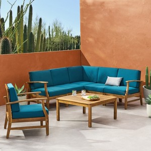GDFStudio Abena Outdoor Acacia Wood 6 Seater Sectional Sofa and Club Chair Chat Set with Cushions - 1 of 4