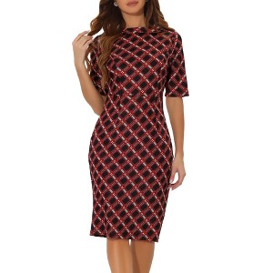 Allegra K Women's Plaid Round Neck Elbow Sleeve Pencil Bodycon Dress - 1 of 4