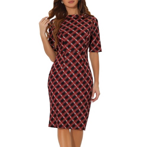 Allegra K Women s Plaid Round Neck Elbow Sleeve Pencil Bodycon Dress Black Red Small Target