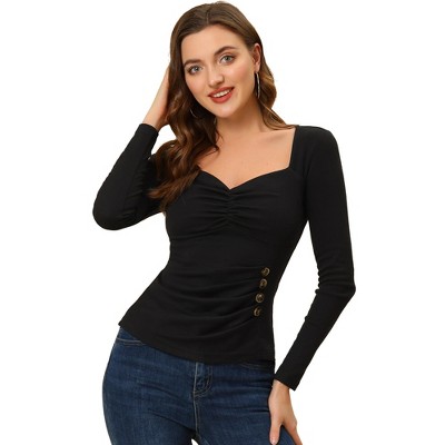 Allegra K Women's Sweetheart Neck Ruched Long Sleeves Button Decor Rib Knit Blouse