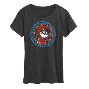 Women's Disney Floral Circle Miguel Short Sleeve Graphic T-Shirt - Heather Charcoal - 2 X-Large - 1 of 4