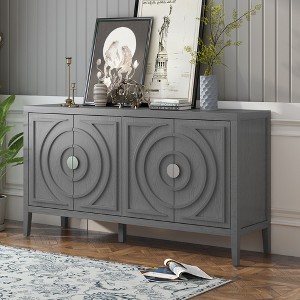 Retro 4-Door Sideboard with Circular Groove Doors, Round Metal Handles, Adjustable Shelves, Distressed Finish Storage Cabinet for Kitchen - 1 of 4