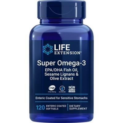 Super Omega 3 EPA DHA with Sesame Lignans and Olive Fruit Extract Enteric Coated by Life Extension  -  120 Softgel
