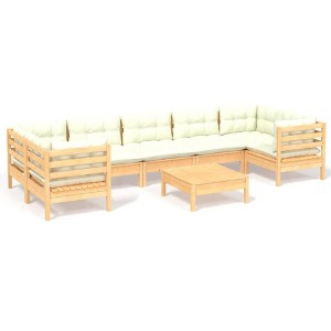 vidaXL 8 Piece Solid Pinewood Patio Lounge Set - Cream Cushions, Garden Sofa, Modular Design, Outdoor Garden Furniture - 1 of 4
