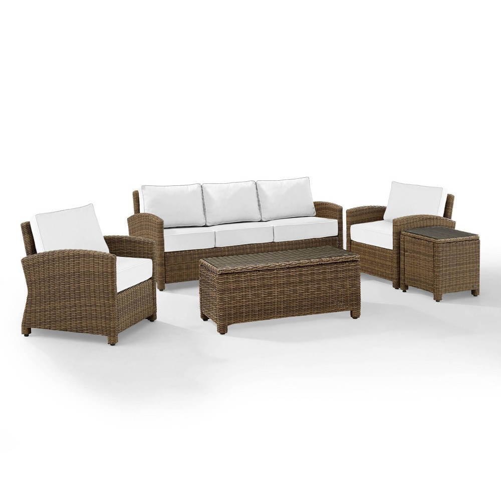 Bradenton Collection KO70051WB-WH 5 PC Outdoor Wicker Sofa Set - Sunbrella- Sofa  Coffee Table  Side Table and 2 Arm Chairs in White -  Crosley Furniture, KO70051WBWH