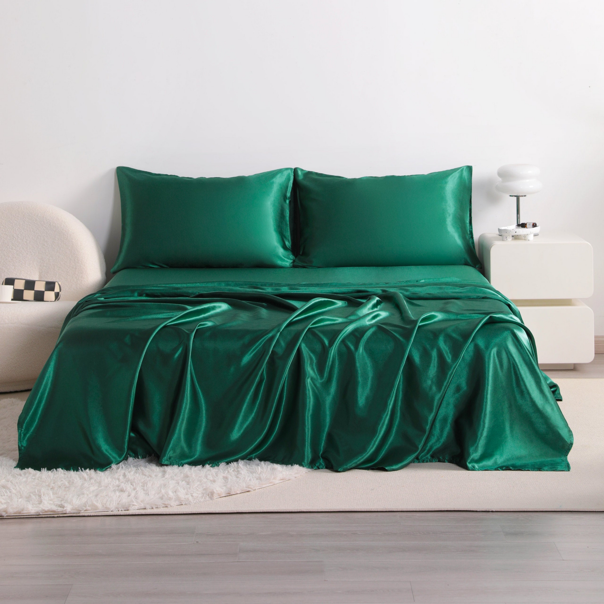 4 Pieces Satin Bed Sheet Set, Silky Cooling Soft Sheet Set, Queen, Dark Green - NTBAY