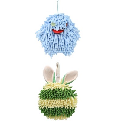 REGALWOVEN 2 Packs Fluffy Chenille Rabbit Shape Cute Soft Absorbent Hanging Ball Hand Towels 7" x 7"