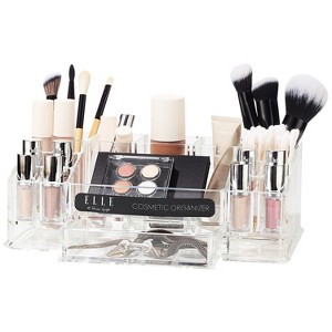 Acrylic Makeup Tray Organizer– 16 Compartments 1 Drawer, Rectangular Holder for Brushes, Eyeshadow Palettes, Skincare & Beauty Supplies - 1 of 4