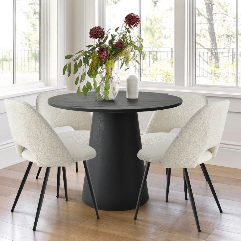 Dwen+Edwin 5-Piece 35" Manufactured Black Grain Table and 4 Upholstered Boucle Chairs Modern Round Dining Table Set-The Pop Maison, 1 of 10