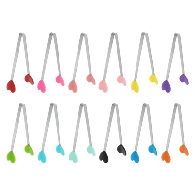 Unique Bargains Stainless Steel Silicone Tips Food Tongs 12 Pcs