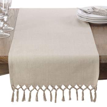 Saro Lifestyle Knotted Tassel Design Cotton Table Topper Runner, 16"x72", Beige