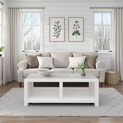 Sapphtopaz Modern Coffee Table with 2 Open Storage Shelves & 5 Caster Wheels Center Table with Curved Corners Coffee Bar for Living Room,Bedroom