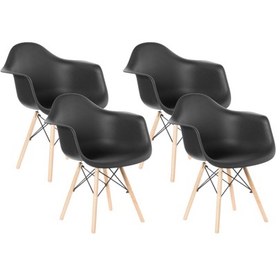 Mid-Century Modern Style Plastic DAW Shell Dining Arm Chair with Wooden Dowel Eiffel Legs, Black