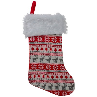 Northlight Nordic Print with Faux Fur Cuff Christmas Stocking - Red/White