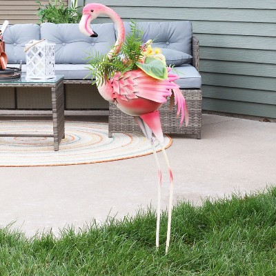 Sunnydaze 36" Pink Metal Flamingo Garden Statue with Planter