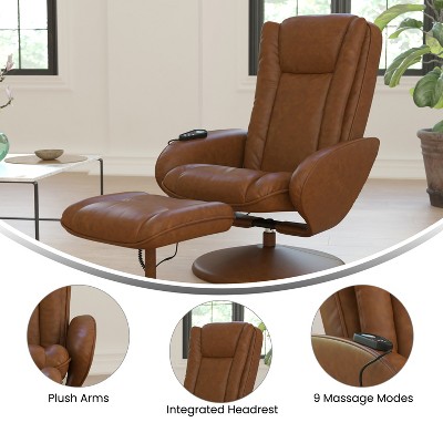 Brown Faux Leather Massaging Recliner with Ottoman and Metal Base