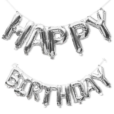 Sparkle and Bash "Happy Birthday" Balloons Banner for Party Decorations (16 in, Silver Foil)