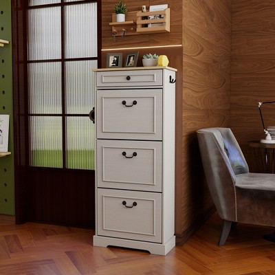 PDTEND Antique White Slim Freestanding Entryway Shoe Cabinet with Drawer and 3 Flip Drawers